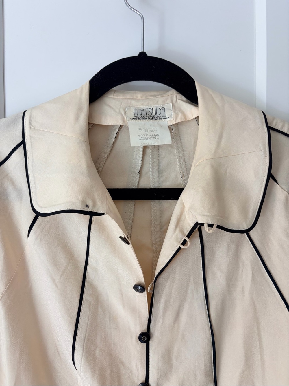 Matsuda Vintage Cream Silk Long-Sleeve Button with Black Piping Button Top | M - Picture 3 of 8